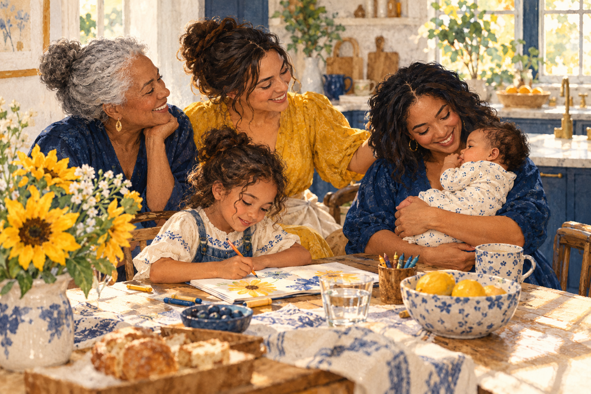 Illustration of mothers and children enjoying time around a kitchen table